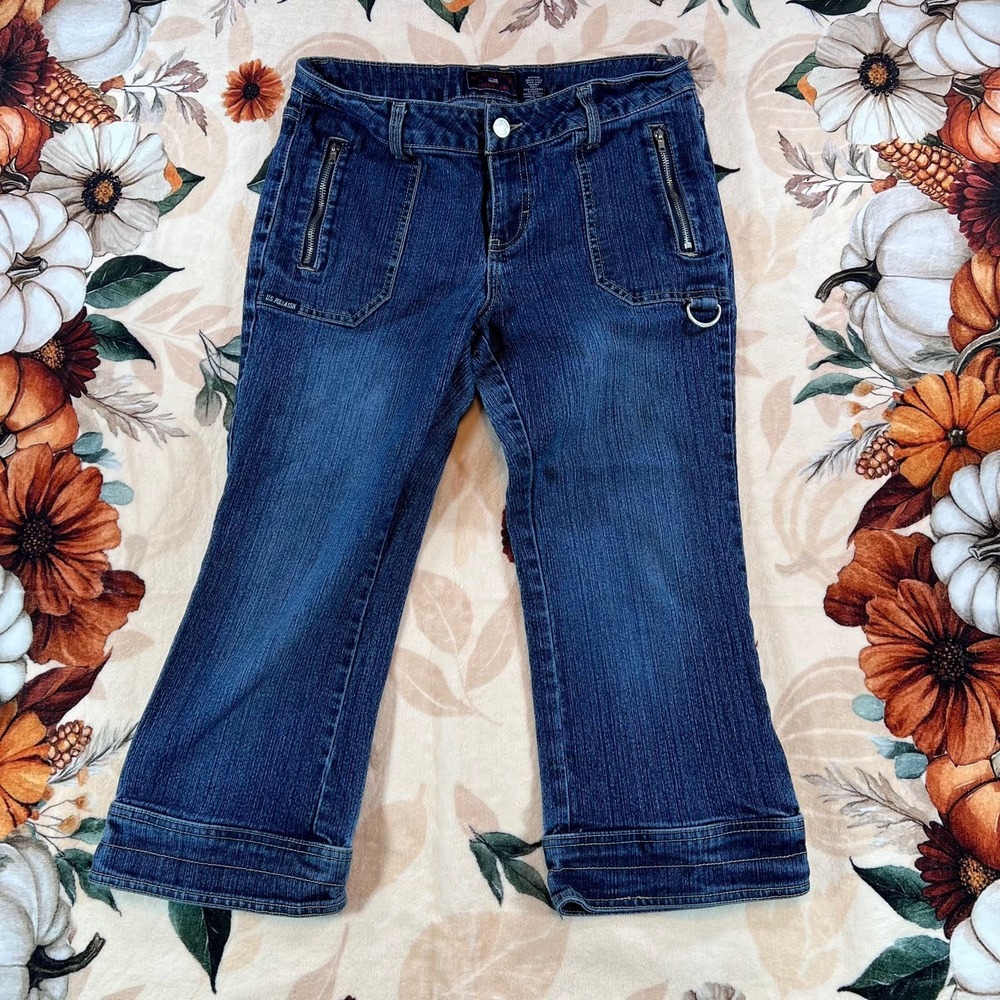 Y2K US Polo Assn Womens Capri Jeans Cargo Zip Pocket Stretch Dark Wash Sz 9/10